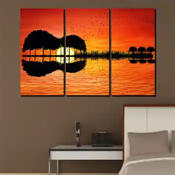 3 БР 40 x 60 см Платно Стенно изкуство HD Печатна Китара Дърво Езерото Залез Живопис Декор Печат на изображения