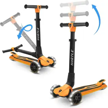 Сгъваем скутер с 3 колела - Играчка скутер с вградени led фенери на колела, технология за лесно маневриране Lean-to-Steer (оранжев)
