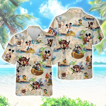 Хавайска риза с Пиратите на Карибско море, Мики Маус, Мъжки Женски с риза с къс ръкав, Хавайска риза на Дисни, Мода Дишаща риза