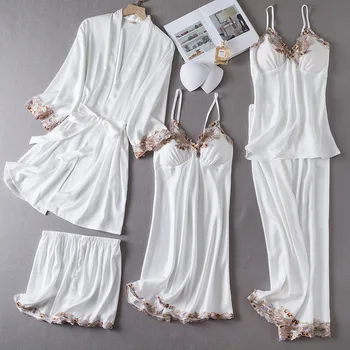 Пижама Комплект от пет елементи, Секси Дантелен Сватбен сутрин халат за баня с бродерия, Дамски нощница, Пролет-лято, Свободна сатен облекло за почивка