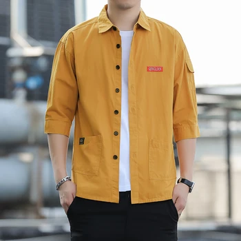 Нова лятна мода, корейската версия на ежедневието прост еднакво удобен мъжки ризи с ръкави в седем точки