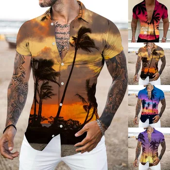 Мъжки Модни риза с принтом, Хавайски ежедневни риза с къс ръкав и копчета, Дишаща Гигроскопичная летни дрехи За мъже, Камизы