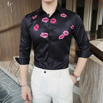 По-големи Размери, Есенна мъжка риза с дълги ръкави и 3D принтом устни, Модни Корейски приталенные мъжки ежедневни ризи за партита, клубни универсална градинска облекло