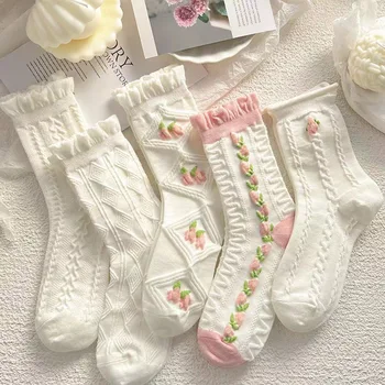 1 Чифт Японски Чорапи в стил Лолита, Сладки бели къси Чорапи за момичета, Пролет-лято, симпатични памучни чорапи с волани за жени