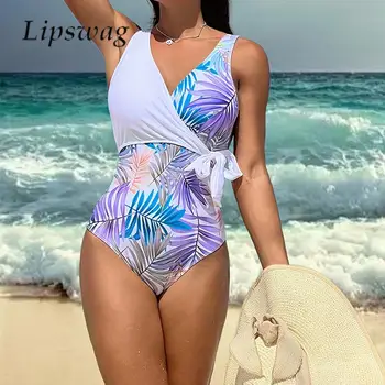 Модерен Боди с V-образно деколте, без ръкави, повдигащ, Бикини, едно парче секси бански костюм с принтом листа, Дамски летни плажни дрехи, дантела с висока талия