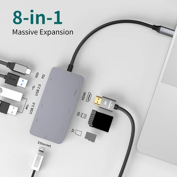 8 В 1 ХЪБ USB 3.0 Докинг станция Type C Многопортовый Адаптер за Разширяване на SD/TF 1000 Mbps RJ-45 4k, HDMI PD100W Сплитер за Macbook Huawei
