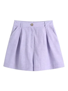 Дамски Летни ежедневни лилави Къси панталони 2023, Плисирани къси панталони с висока талия и копчета за момичета, Поли, Дамски модни шорти в празнично стил