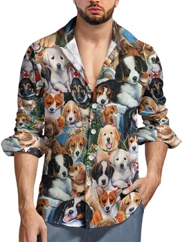 HX Модерен Мъжки Ризи Животни Кучета Кученце Ежедневни Риза с Дълъг ръкав за Мъже 3D Графични Потници Плажни Ризи Градинска Облекло Дропшиппинг