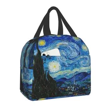 Звездна нощ на Ван Гог, изолирано чанта за обяд за жени, училищен преносим термохолодильник, цветя бадеми, Художествена кутия за обяд