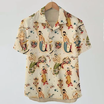 Реколта тениска за мъже с 3D принтом Русалка, риза с къс ръкав, лятна ежедневни мъжки дрехи, блузи, широки ризи оверсайз, хавайски ризи
