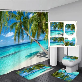 Плажен пейзаж, Набор от завеси за душ, Кокосови палми, Хавайски пейзаж на океана, Декор за баня, нескользящий мат, постелки за баня, капак на тоалетната чиния