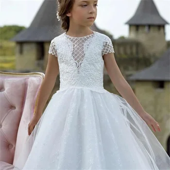 Бяло пушистое рокля с цветя модел за момичета, Тюлевое Дантелено Сватбена Елегантна принцеса рокля за Първо причастие, рокля за парти в чест на рождения Ден, подарък за момичета