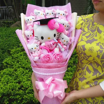Sanrio Hello Kitty Выпускная Шапка Букет Плюшен Мека играчка Деления Шапки Кукла Сладък Букет От порест каучук Рози Подарък За Бала