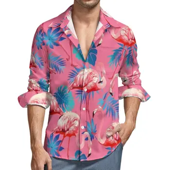 Риза с Фламинго, Ежедневни Ризи с Палмови листа, Забавни Блузи с дълъг ръкав, Есенна широки Дрехи големи размери
