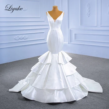 Liyuke Чисто Бяла Сватбена рокля на Русалка с V образно деколте и волани, дантела отзад, vestido de noiva