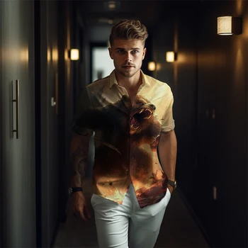 Лятна Мъжка Нова риза с ревери и бутони, благородна риза с шарени страховита кучета в ретро стил, градинска мода, мъжка риза оверсайз