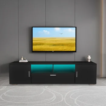 Модерна 75-инчов шкаф за телевизор е с led подсветка, TV-шкаф за развлекателен център с място за съхранение на игри в хола, в спалнята
