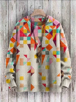 Ретро геометричен арт принт, всекидневни вязаный пуловер, пуловер, женски и Мъжки пуловер