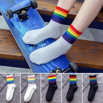1 Чифт Ярки чорапи, чорапи за гей-шествието на ЛГБТ, Памучни чорапи в цветна ивица, спортна Градинска дрехи, черни, бели, Забавни, меки, дишащи