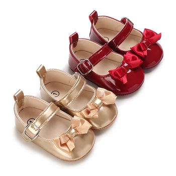 Обувки за новородените момичета от изкуствена кожа с противоскользящим лък, Класически модел обувки на принцесата, обувки за първите ходунков, обувки за креватчета за деца
