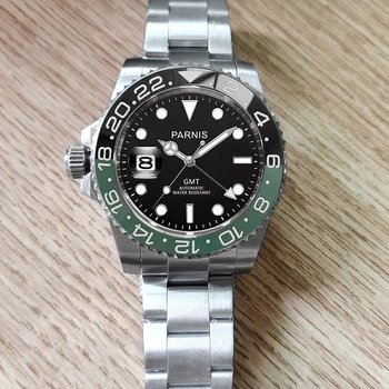 Нов Прием на Parnis 40 мм Сребърен Корпус Механичен Мъжки Часовник Календар Зелен GMT Автоматично Луксозни Ръчни Часовници За Мъже reloj hombre