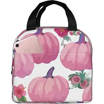 Множество чанта за Обяд с Розови Тиква в Деня На Благодарността, Изолирано чанта За Обяд, здрав обяд-бокс-хладилник