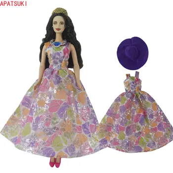 Ярка рокля без ръкави, Лилава шапка, облекло, Облекло за кукли Барби, Модерен комплект вечерни рокли, Аксесоари за куклата къща, Детска играчка 