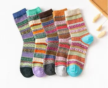 5 Чифта разноцветни трикотажни чорапи Унисекс, Зимни дебели и топли дамски вълнени чорапи, къси чорапи в етнически стил с вълнообразни цветове, в райе