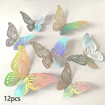 12ШТ 3D Кухи стикер с пеперуда на стената Цвят: Златист, Сребрист, Розов, Сватбена украса, хол, начало декор, етикети с пеперуди