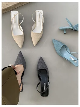 2023 Модни Сандали с отворена на гърба, Дамски обувки-лодки на ниски токчета, Елегантни Дамски Чехли С остри пръсти, Рокля-Джапанки, Sandalias