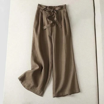 Памучни спално бельо, еластични Ежедневни дамски панталони с висока талия, широки, Корейски модни Панталони с дължина до глезена на крака За жени, лято 2023