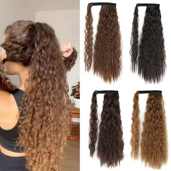 Синтетичен дълъг царевичен вълнообразни опашката за жени, перука за коса разширения на заколке, черно, кафяво на опашката