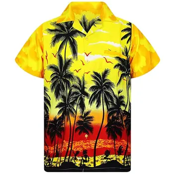 Летни модни 3d ризи, мъжка Плажна мъжка риза Оверсайз с къс ръкав и принтом на кокосовата палма, хавайски блузи, мъжки дрехи Camiseta