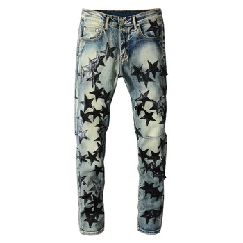 Дизайн в стила на рок-пънк, мъжки ивици със звездите, еластични дънки с дупки, Скъсаните Тънки тесни панталони-молив, Панталони в стил мозайка, дънки