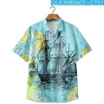 По-големи Размери, Дишащи Хавайски Плажни ризи с принтом във формата на лодка, Мъжка Лятна Риза с къс ръкав, Ежедневна блуза копчета