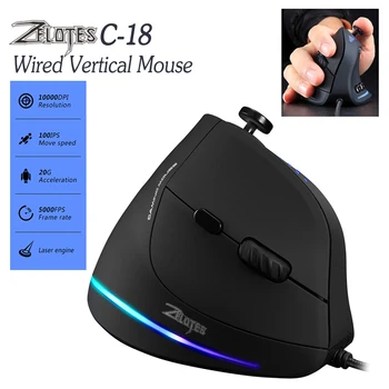 Жичен вертикална мишката, ZELOTES C-18 11 бутони с 5-степенна регулируема 10000DPI RGB Оптична Детска Вертикална Оптична Проводна Вертикална Мишката