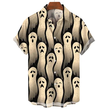 Мъжки ризи за Хелоуин с 3D хубав принтом Призрак, Свободна риза Оверсайз, Плажно парти, риза с къси ръкави и блуза, Улични дизайнерски върховете