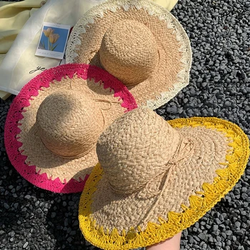 Дамска сламена шапка от лафита с меховыми полета в тон, лятна плажна шапка за пикник, затеняющая слънцето, сламена шапка ръчна изработка
