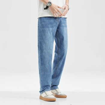 Мъжки Летни панталони Светло сини Ежедневни тънки дънки с права тръба, Свободни Широки дънки, Модни корейски панталони