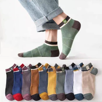 5 двойки модни чорапи за мъжете; летни тънки, абсорбиращи потта и дишащи чорапи ins с цветен блок; Модерни спортни памучни чорапи в бизнес стил