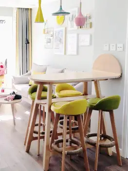 Бар стол Скандинавски модерен минималистичен домашен висок бар стол от масивно дърво, бар стол за почивка, стол с облегалка, табуретка