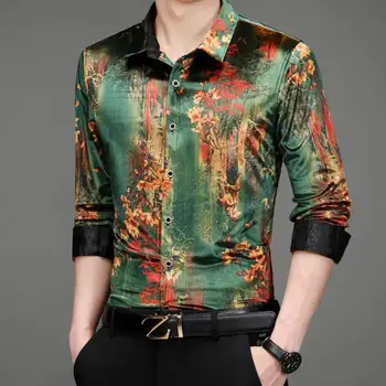 Зелени кадифени ризи за мъже, Червен велур дрехи Големи размери, Реколта златни изолирана ризи, зимата рокля в китайски стил за плътно върха