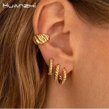 HUANZHI Нови Мини-скоби за ушите златен цвят с кроасани за жени и момичета, Класически бижута от неръждаема стомана, Реколта метални подаръци, Водоустойчив
