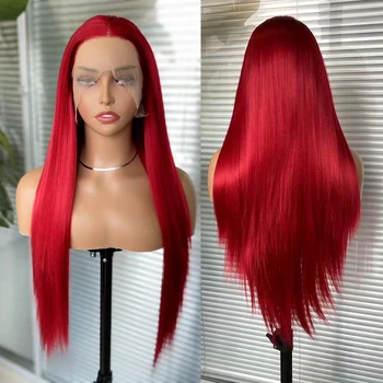 AIMEYA, Ярко-червени Дантелени предната перуки за модерните жени, термоустойчиви синтетични косми, Дълга копринена Права перука, Оранжево/жълт/Черен Зелен