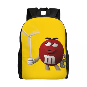 Червено Двойно раница за лаптоп с шоколад смайликами M-M за мъже и жени, Ежедневна чанта за книги за студенти, Мультяшная чанта за бонбони
