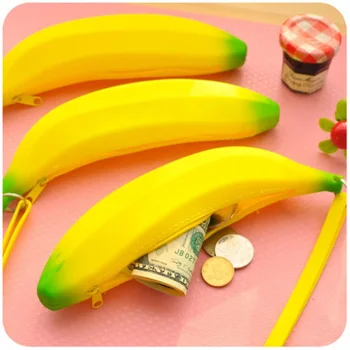 Новост, Забавни Силиконови Преносими Кесии с монети под формата на жълт Банан, Многофункционален молив случай, чанта за ключове, портфейл, чанта