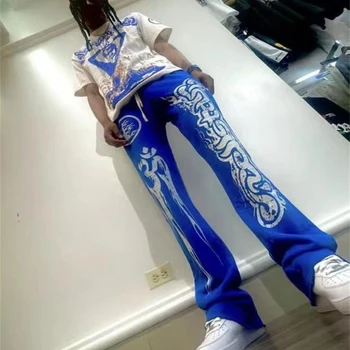 Hellstar Сини спортни ежедневни панталони с грязевым принтом в Ретро стил Оверсайз, улични мъжки и дамски панталони-cargo