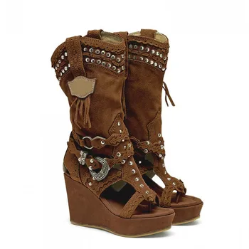 Нова реколта дамски сандали, кафяви летни дънкови ботуши с остри пръсти на ток в бохемски стил, украсени с пискюли