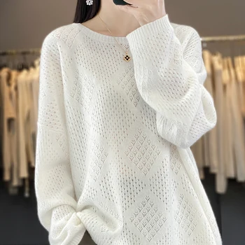 Европейски и американски тенденция, 100% вълна выдолбленный женски пуловер с кръгло деколте и дълги ръкави, вязаный FRSEUCAG, нов дамски пуловер