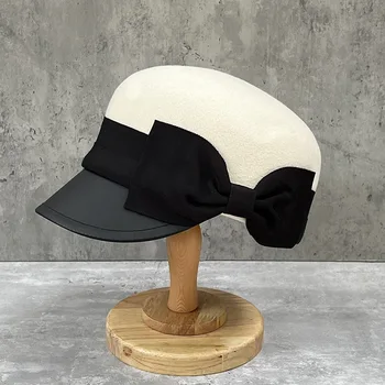 Нежна и елегантна малка ароматна вълнена шапка с лък за конна езда, дамски реколта кожена шапка-бомбе, в британския стил, универсален